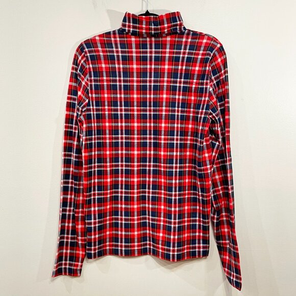 New J.Crew 100% Cotton Holiday Tartan Tissue Turtleneck Red Navy Large - Picture 3 of 7